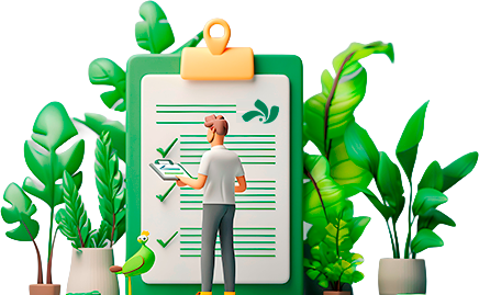 Engenheiro ambiental com prancheta e checklist cercado por plantas